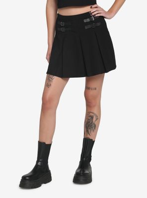 Black Double Buckle Pleated Skirt