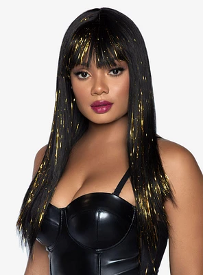 Long Straight Bang Black And Gold Tinsel Wig