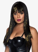 Long Straight Bang Black And Gold Tinsel Wig