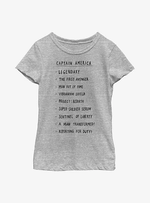 Marvel Captain America Cap List Youth Girls T-Shirt