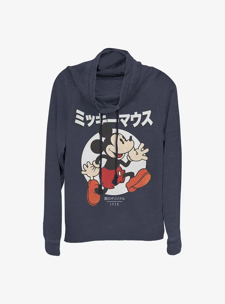 Disney Mickey Mouse Japanese Text Cowl Neck Long-Sleeve Womens Top