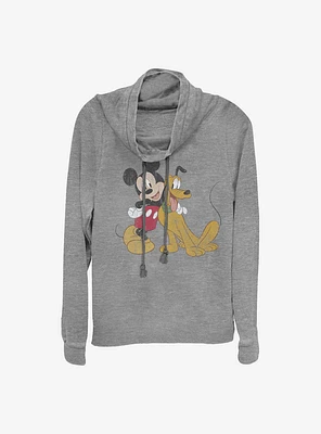Disney Mickey Mouse And Pluto Cowl Neck Long-Sleeve Womens Top