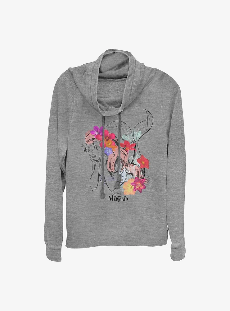 Disney The Little Mermaid Ariel Photoreal Flowers Cowl Neck Long-Sleeve Womens Top