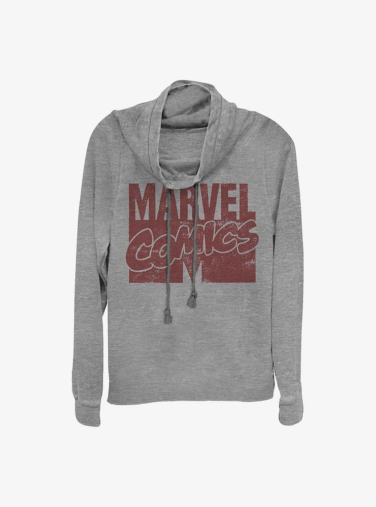 Marvel Logo Distressed Cowl Neck Long-Sleeve Womens Top