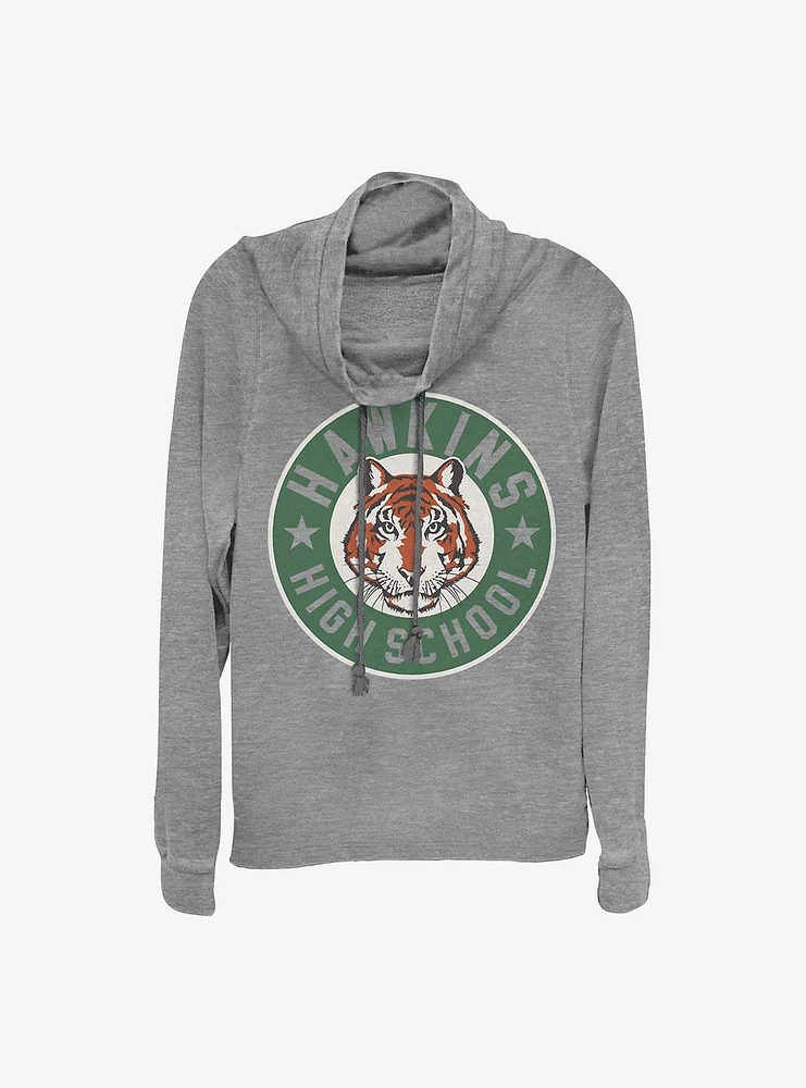 Stranger Things Hawkins High Tiger Emblem Cowl Neck Long-Sleeve Womens Top