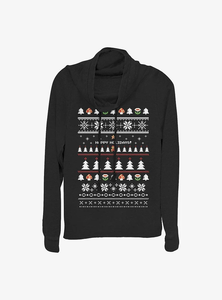 Nintendo Mario It's A Holiday Cowlneck Long-Sleeve Girls Top