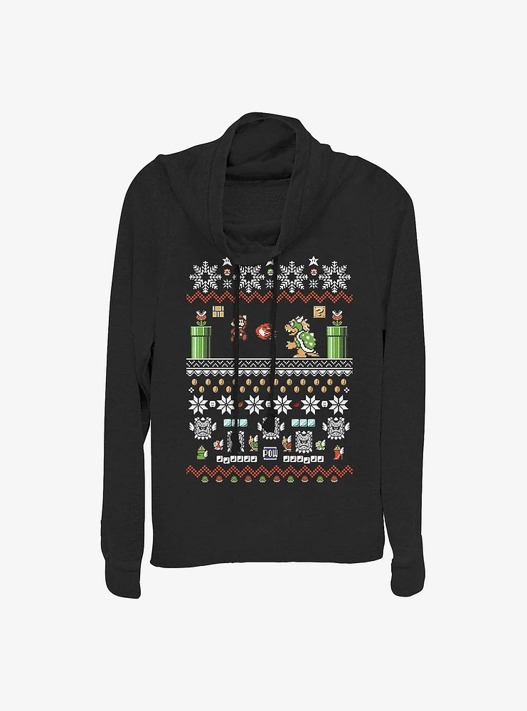 Nintendo Mario 8-Bit Xmas Stack Cowlneck Long-Sleeve Girls Top