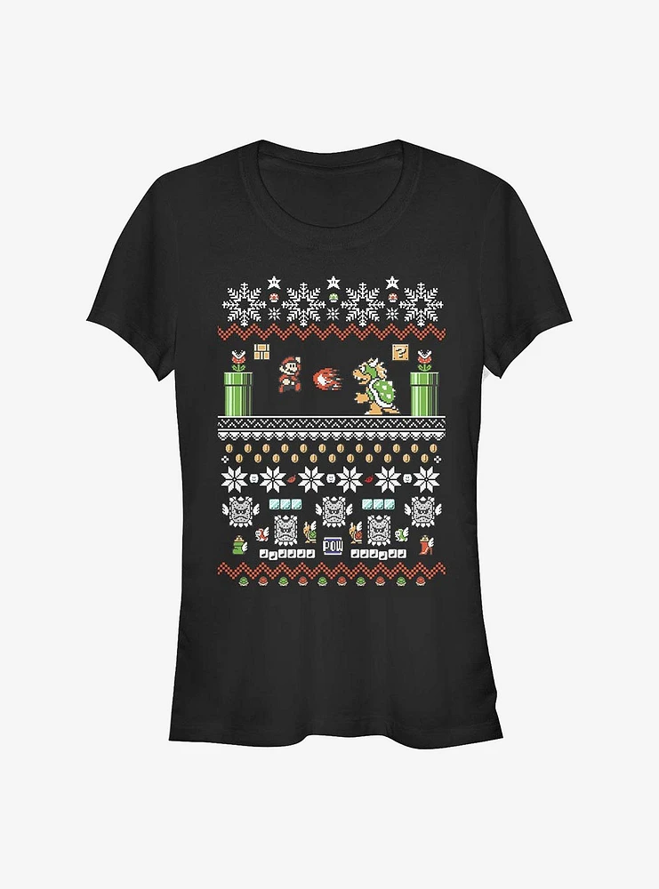 Nintendo Mario 8-Bit Xmas Stack Girls T-Shirt