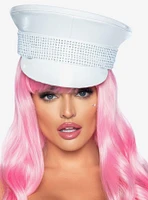 Rhinestone Trimmed Military Hat White