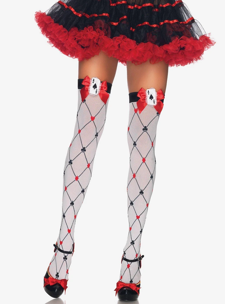 Woven Diamond Thigh Highs With Bow and Charm White/Red/Black