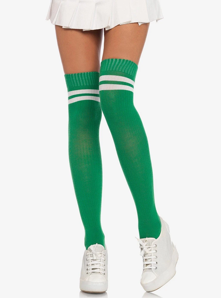 White Stripe Ribbed Athletic Thigh High Socks