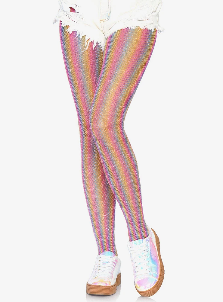 Glitter Rainbow Stripe Fishnet Tights