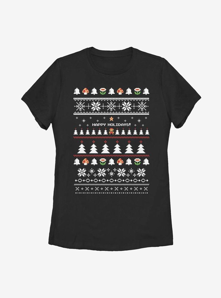 Super Mario Holiday Christmas Pattern Womens T-Shirt