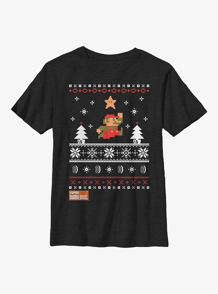 Super Mario Star Christmas Pattern Youth T-Shirt