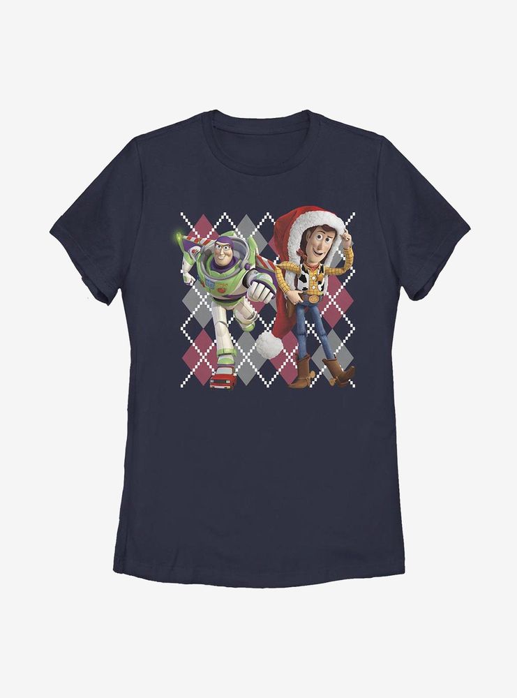 Disney Pixar Toy Story Woody Buzz Argyle Christmas Womens T-Shirt