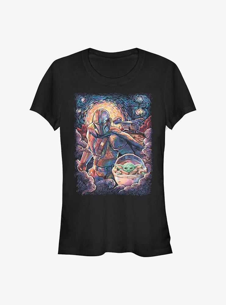 Star Wars The Mandalorian Mando And Child Starry Night Girls T-Shirt