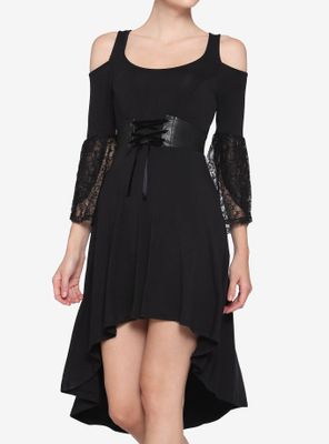 Black Lace Cold Shoulder Hi-Low Dress