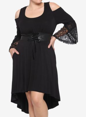 Black Lace Cold Shoulder Hi-Low Dress Plus