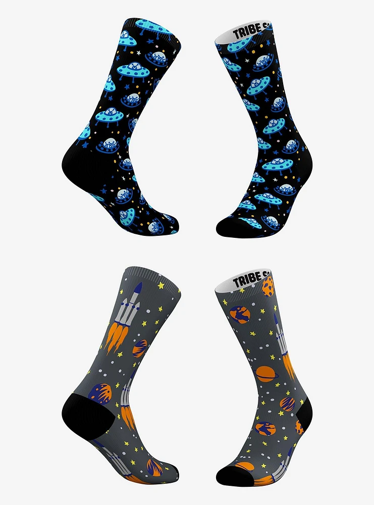 Blue Ufo Alien And Grey Rocket Ship Socks 2 Pair