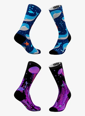 Deep Blue Whale And Purple Seascape Socks 2 Pair