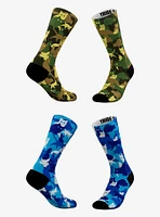 Green And Blue Camo Cat Socks 2 Pair