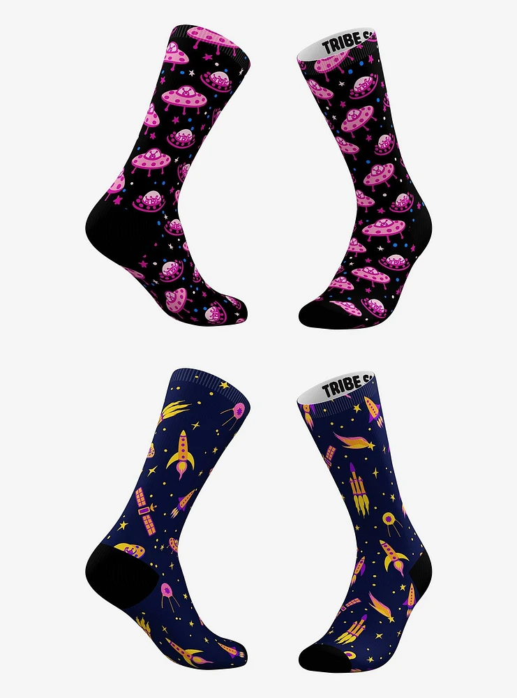 Pink Ufo Alien And Rocket Ships Socks 2 Pair