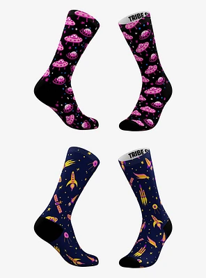 Pink Ufo Alien And Rocket Ships Socks 2 Pair