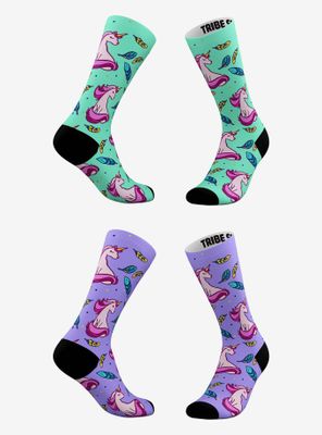 Green Feather And Purple Feather Unicorn Socks 2 Pair