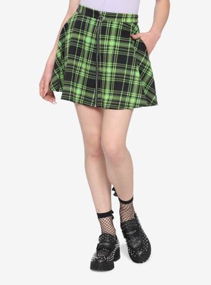 Black & Neon Green Plaid O-Ring Skater Skirt