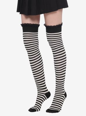 Black & White Stripe Lace Thigh Highs