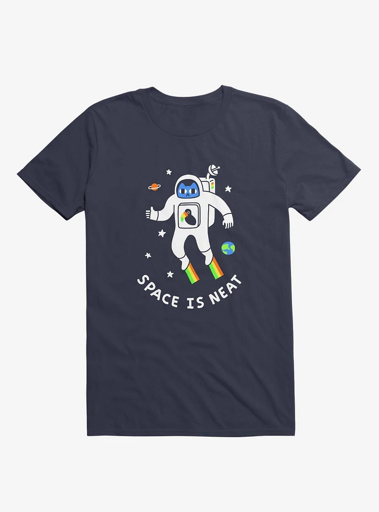 Space Is Neat Cat Astronaut Navy Blue T-Shirt