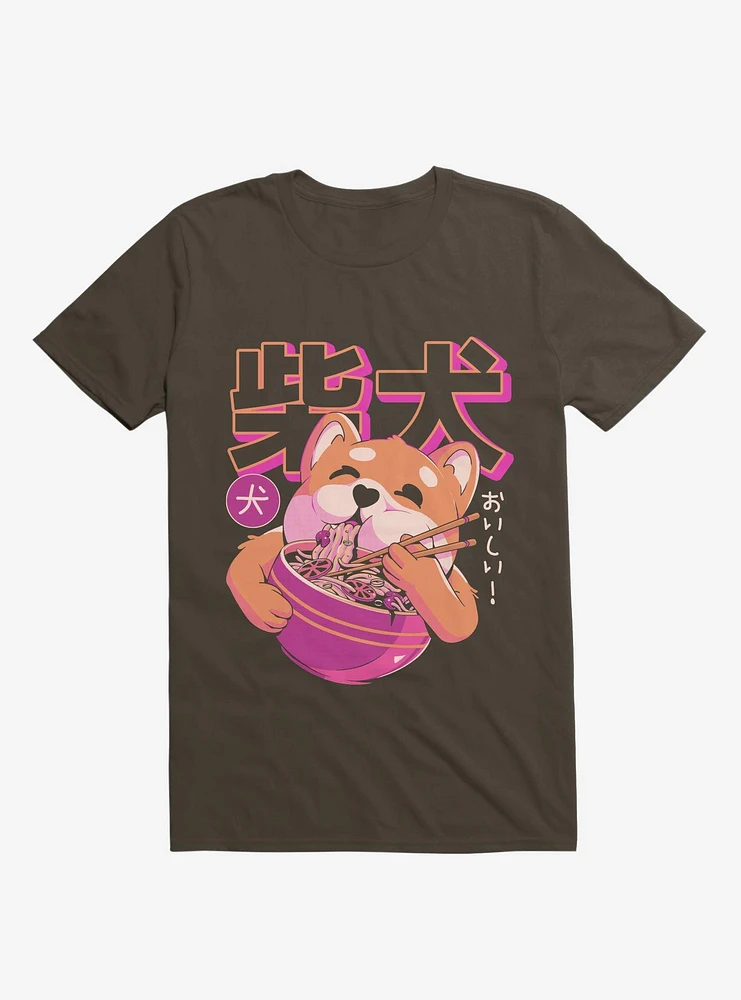 Shiba Eating Noodles Brown T-Shirt