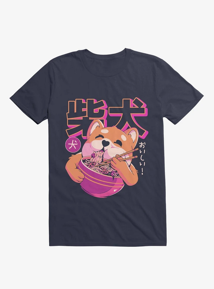 Shiba Eating Noodles Navy Blue T-Shirt