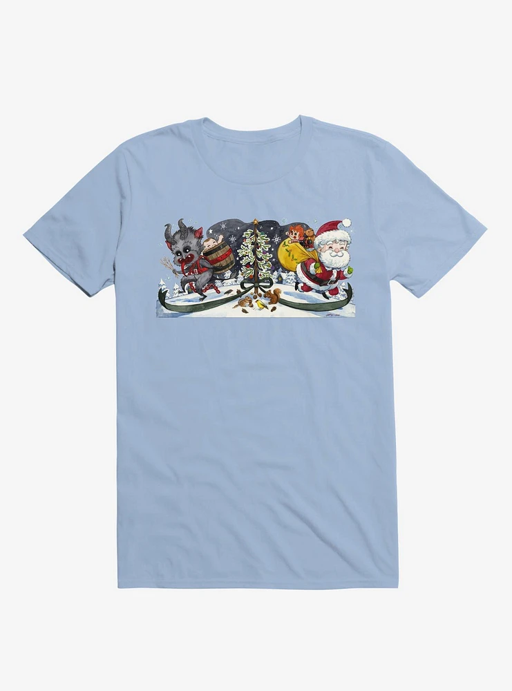 Cute Little Santa And His Spooky Pal Krampus Light Blue T-Shirt