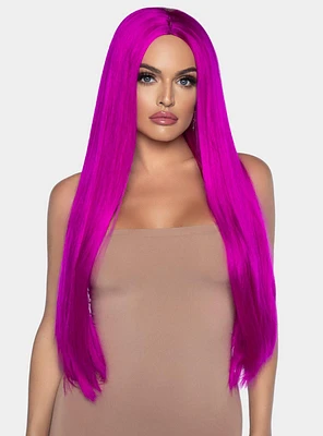 Long Straight Center Part Wig Neon Pink