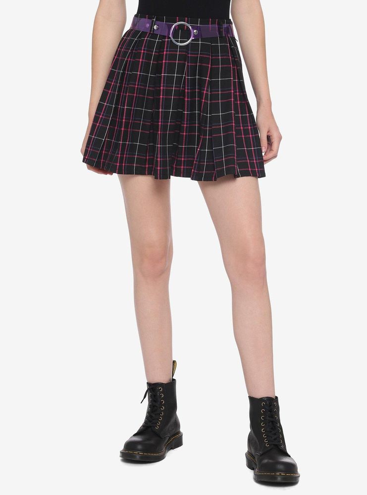 Black Purple Pink Plaid Pleated Skirt With O-Ring Belt