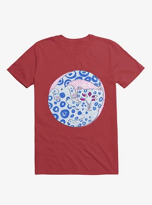 Blue Spotted Cat Bath Red T-Shirt