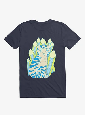 Crystal Striped Cat Navy Blue T-Shirt