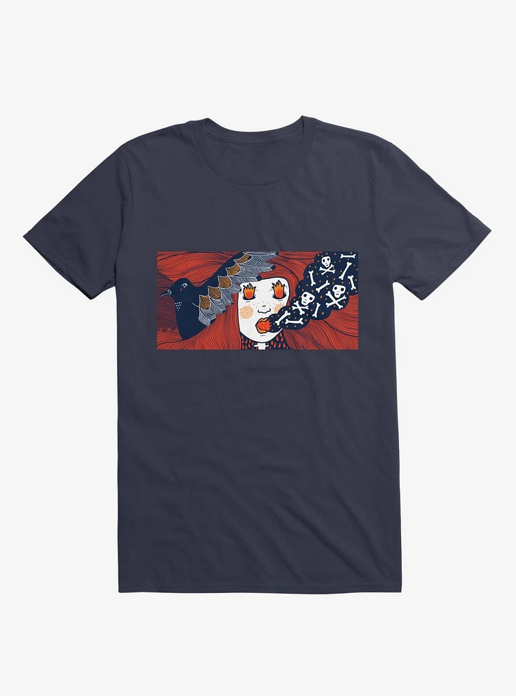 Future Thoughts Flame And Skull Smoke Navy Blue T-Shirt