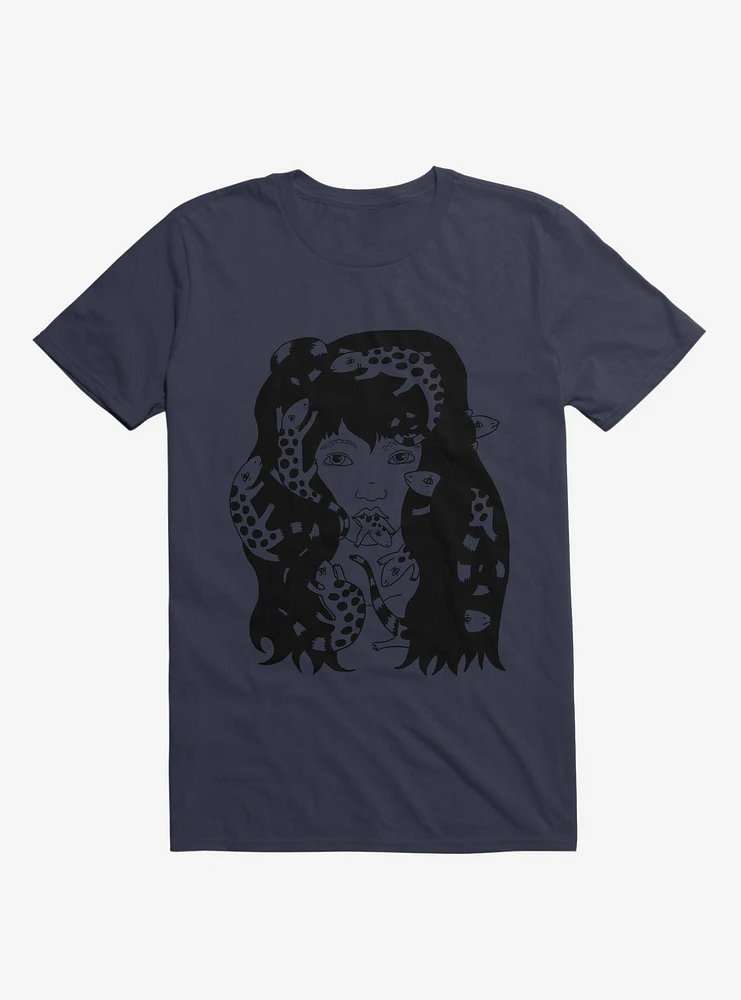 Lizard Eating Girl Lizzie Navy Blue T-Shirt