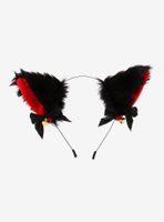 Black & Red Ribbon Bell Fuzzy Cat Ear Headband
