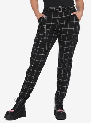 HT Denim Black & White Grid Print Cargo Jogger Pants With Grommet Belt