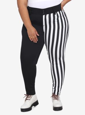 Black & White Stripe Split Leg Skinny Jeans Plus