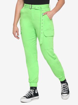 Neon Green Grommet Belt Cargo Jogger Pants
