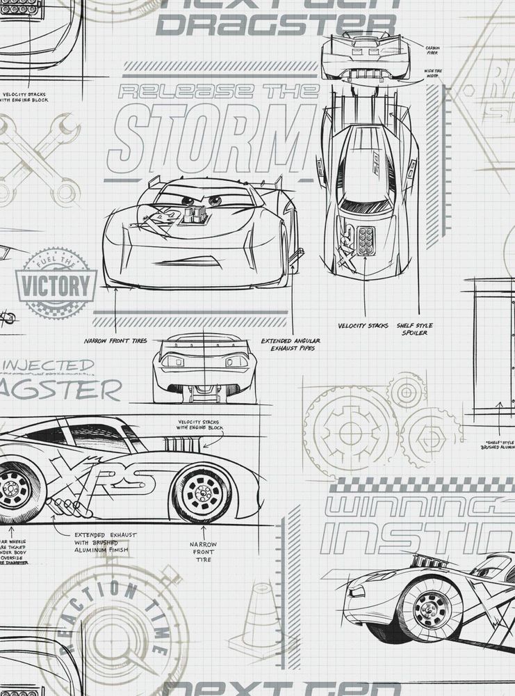 Disney Pixar Cars Grey And White Schematic Peel & Stick Wallpaper