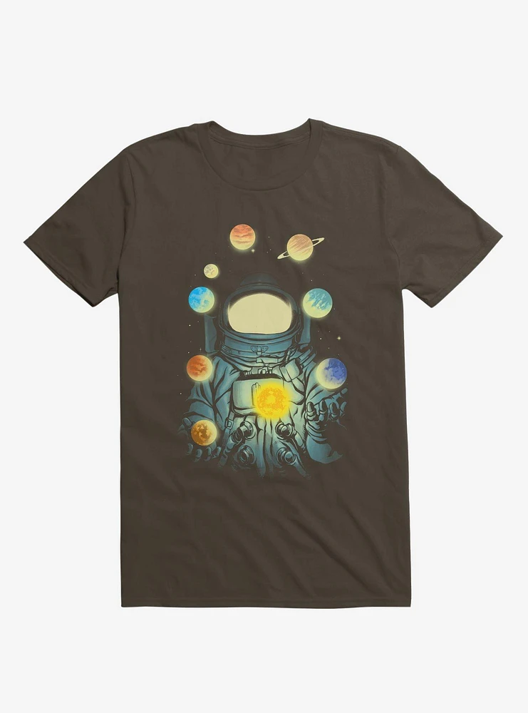 Astronaut Juggling Planets Brown T-Shirt
