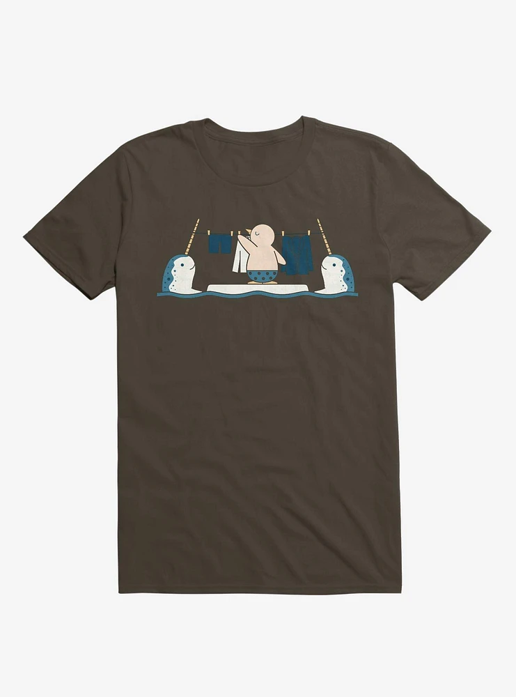 Penguin With Narwhals Laundry Day Brown T-Shirt