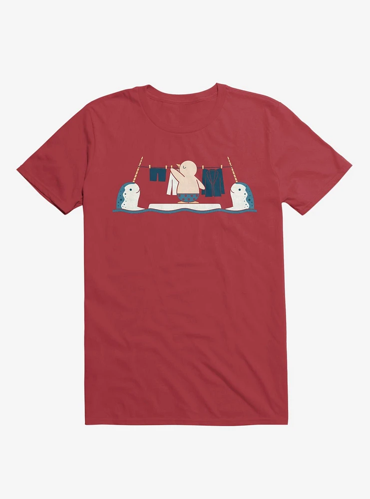 Penguin With Narwhals Laundry Day Red T-Shirt