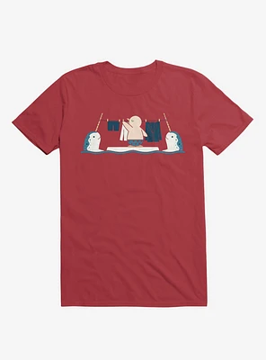 Penguin With Narwhals Laundry Day Red T-Shirt
