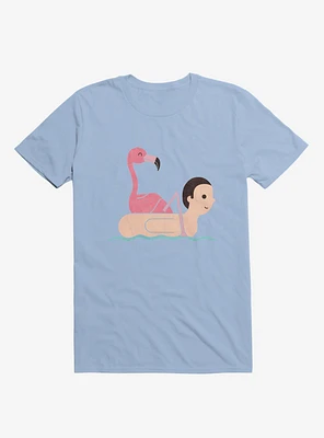 Flamingo On Human Floatie Light Blue T-Shirt